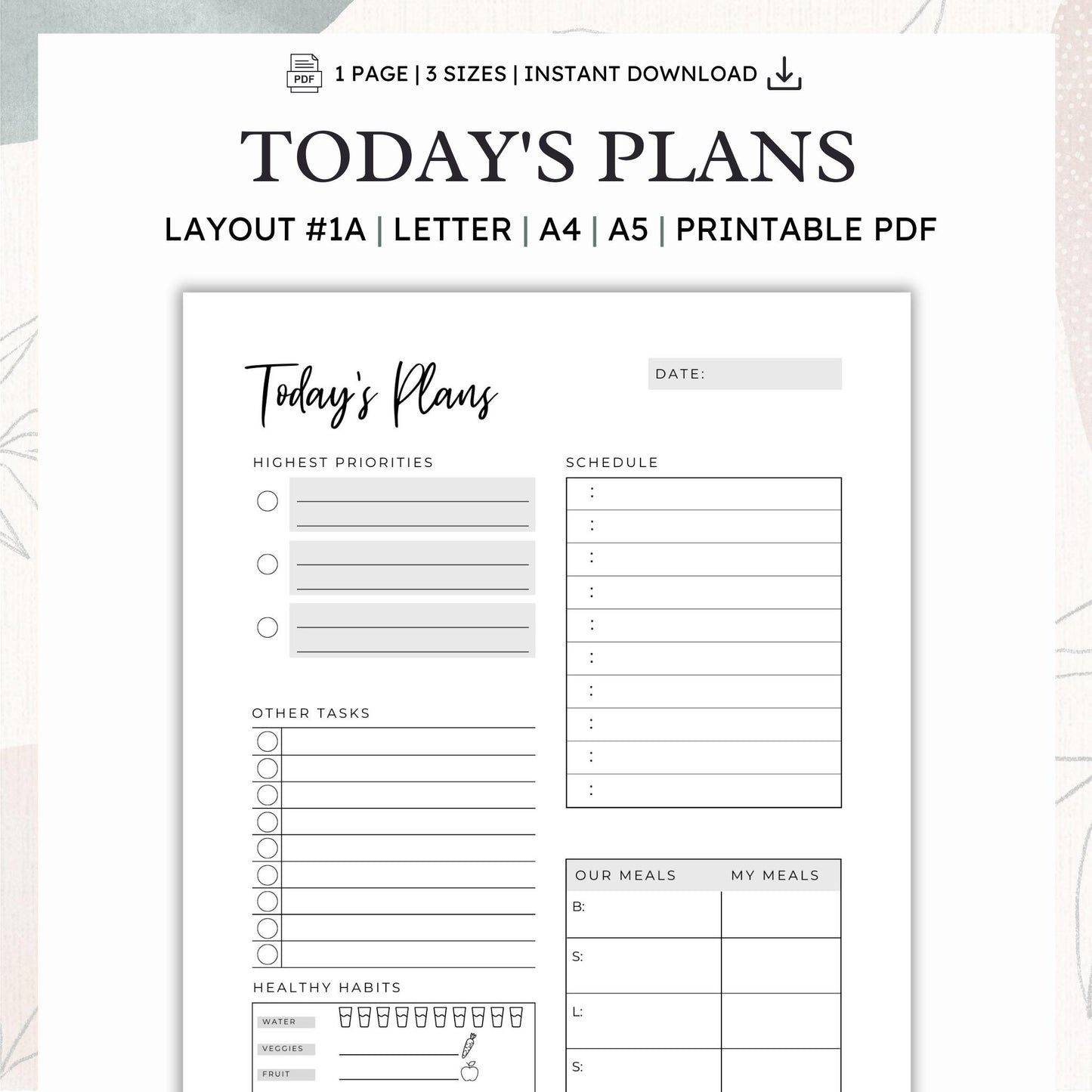 Today's Plans Layout #1A - Printable Daily Planner PDF