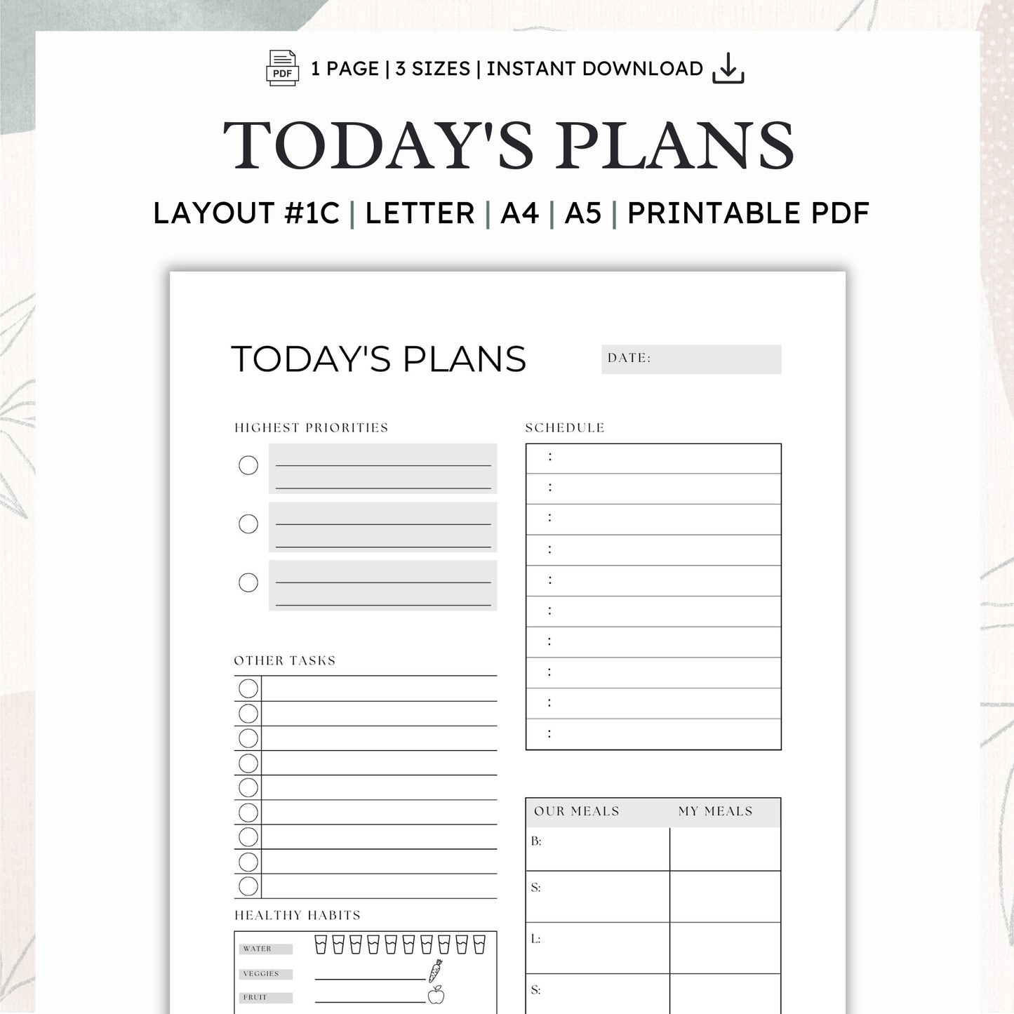 Today's Plans Layout #1C - Printable Daily Planner PDF