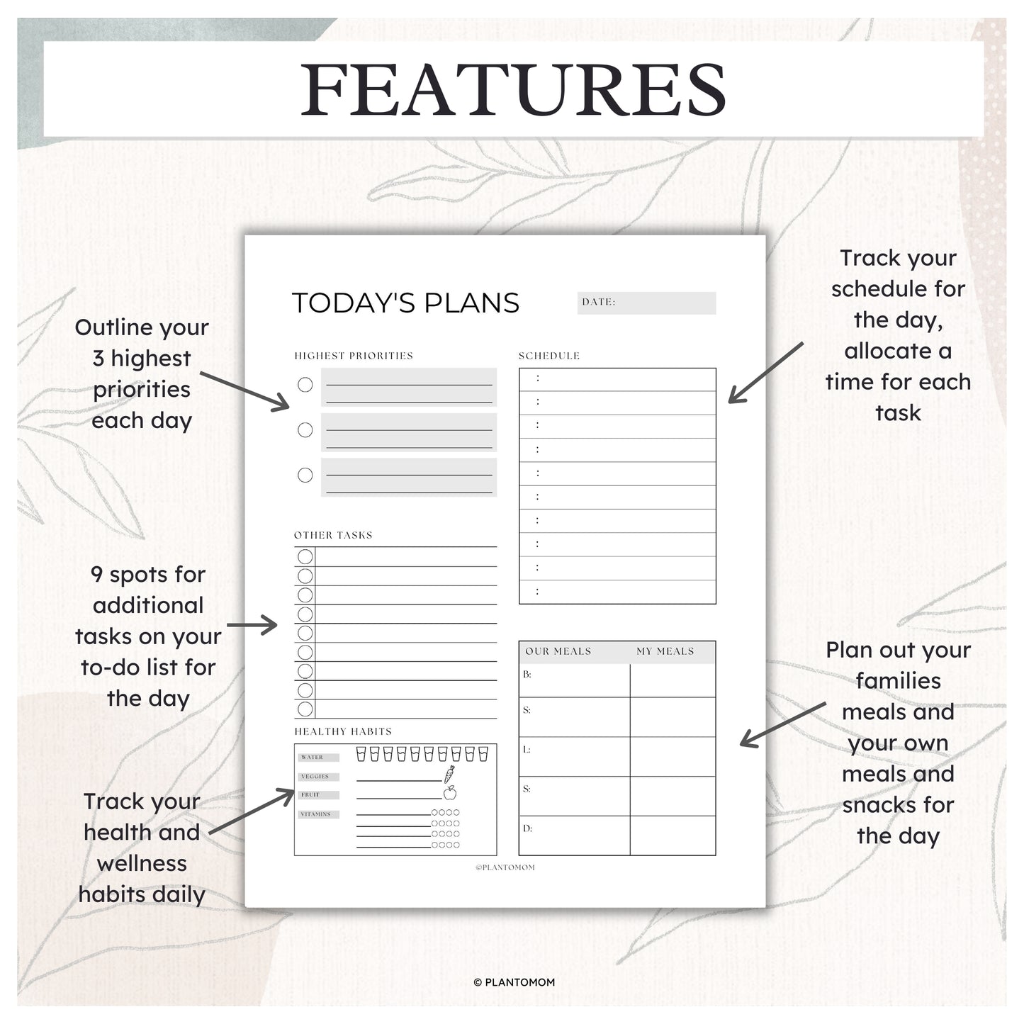 Today's Plans Layout #1C - Printable Daily Planner PDF