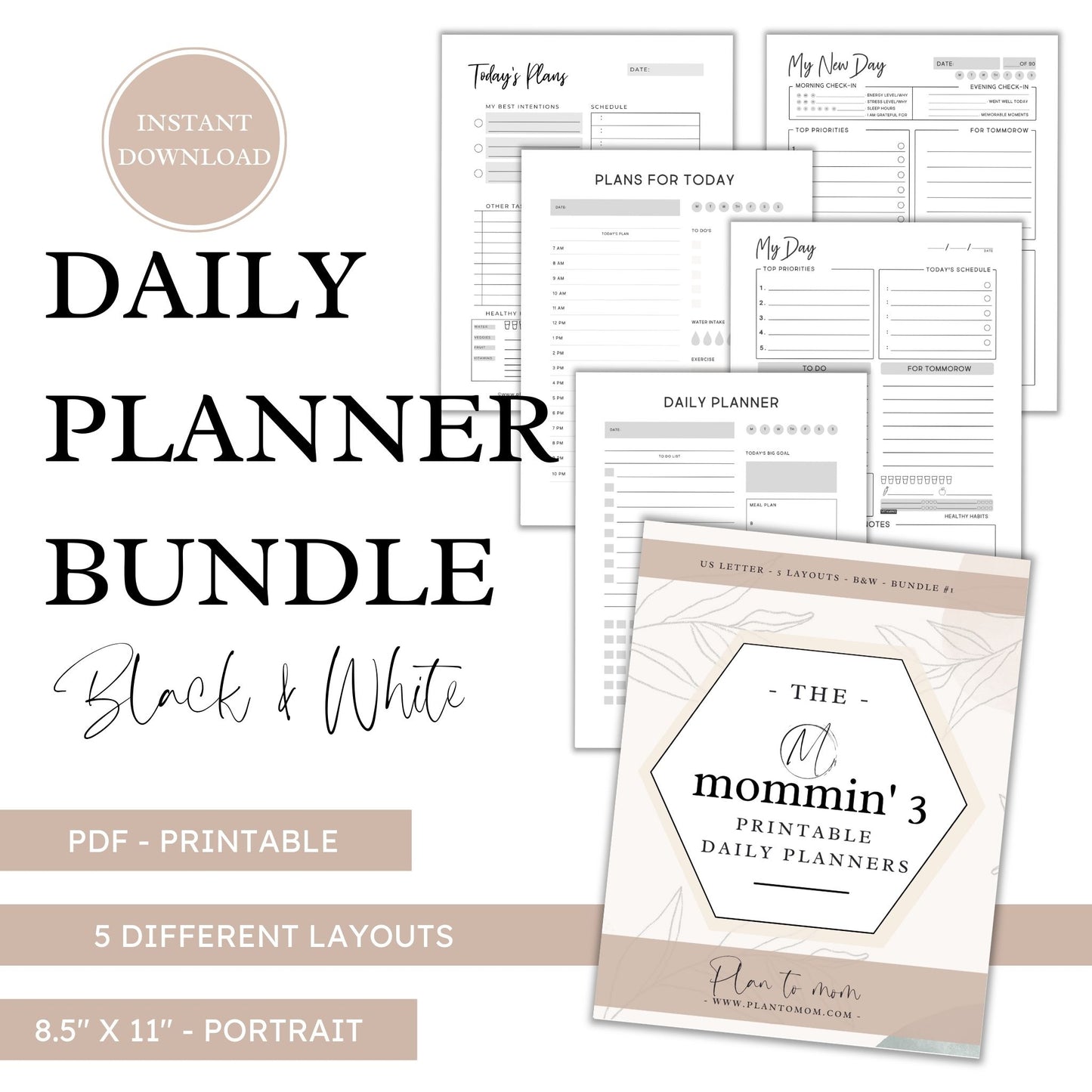 Printable Daily Planner Bundle of 5 - US Letter Black & White