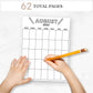 mockup image of a page from the printable back to school coloring book planner for kids. Childrens hands holding a pencil over the paper. Text on image reads 62 total pages. 