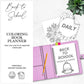 pink coil planner laying on a tabletop with the printable back to school coloring book planner Inserted in the planner and laying underneath. Text on image reads back to school coloring book planner. Color your way to an organized year. printable instant download. 