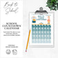mockup image of a back to school calendar countdown on a clipboard on a table. Plant in background. Text on image reads school countdown calendar