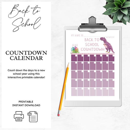 mockup image of a clipboard. On the clipboard is a mockup image of the back to school countdown calendar. Text on image states back to school countdown purple dino calendar