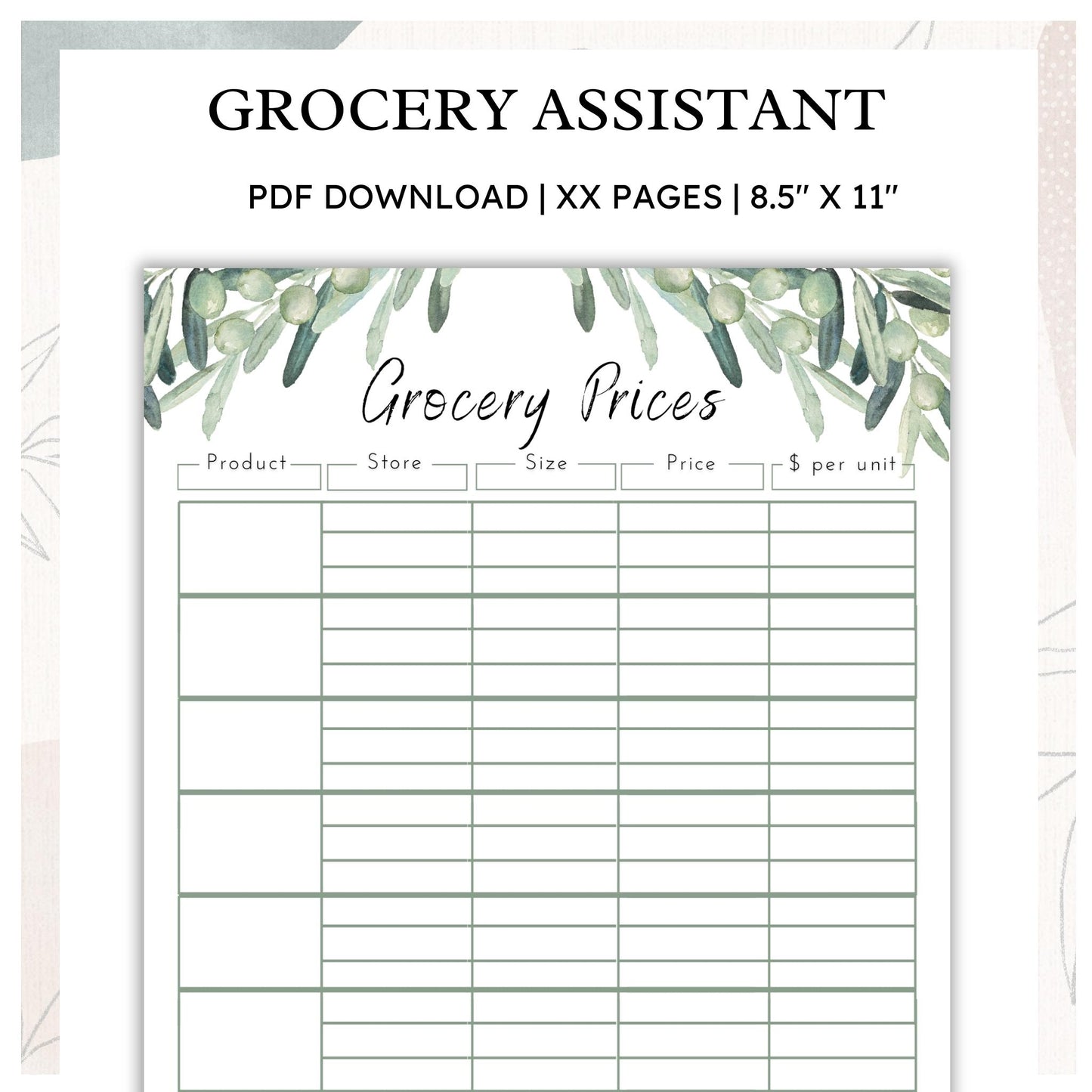 Grocery Assistant - Olive Branches - Printable PDF - US LETTER