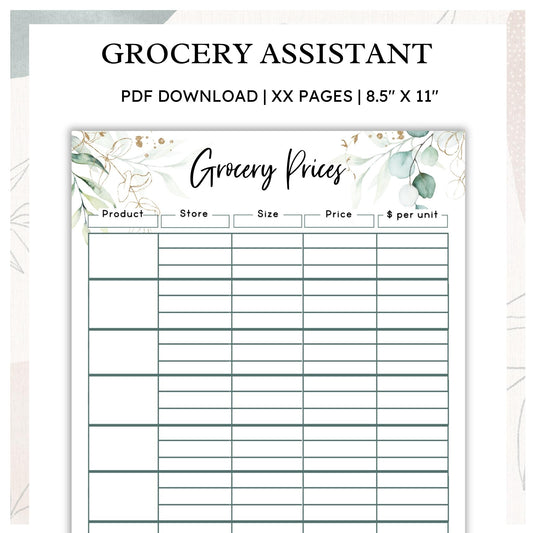 Printable Food Price Book - Grocery Assistant - Eucalyptus