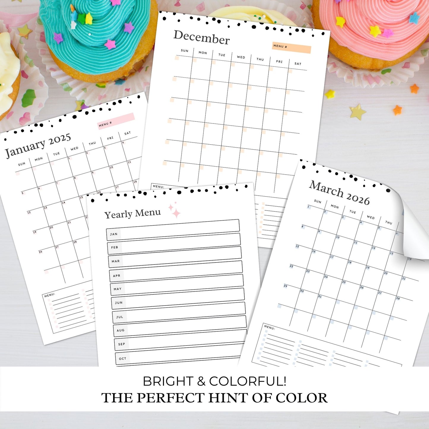 Mockup image featuring the simple meal systems meal planning binder printables laying on a kitchen counter beside a colourful cupcakes. Text on image reads bright and colorful! The perfect hint of colour. 
