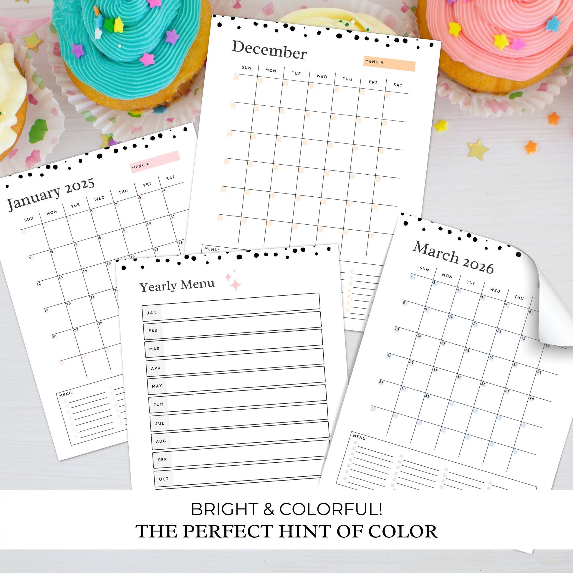 Mockup image featuring the simple meal systems meal planning binder printables laying on a kitchen counter beside a colourful cupcakes. Text on image reads bright and colorful! The perfect hint of colour. 