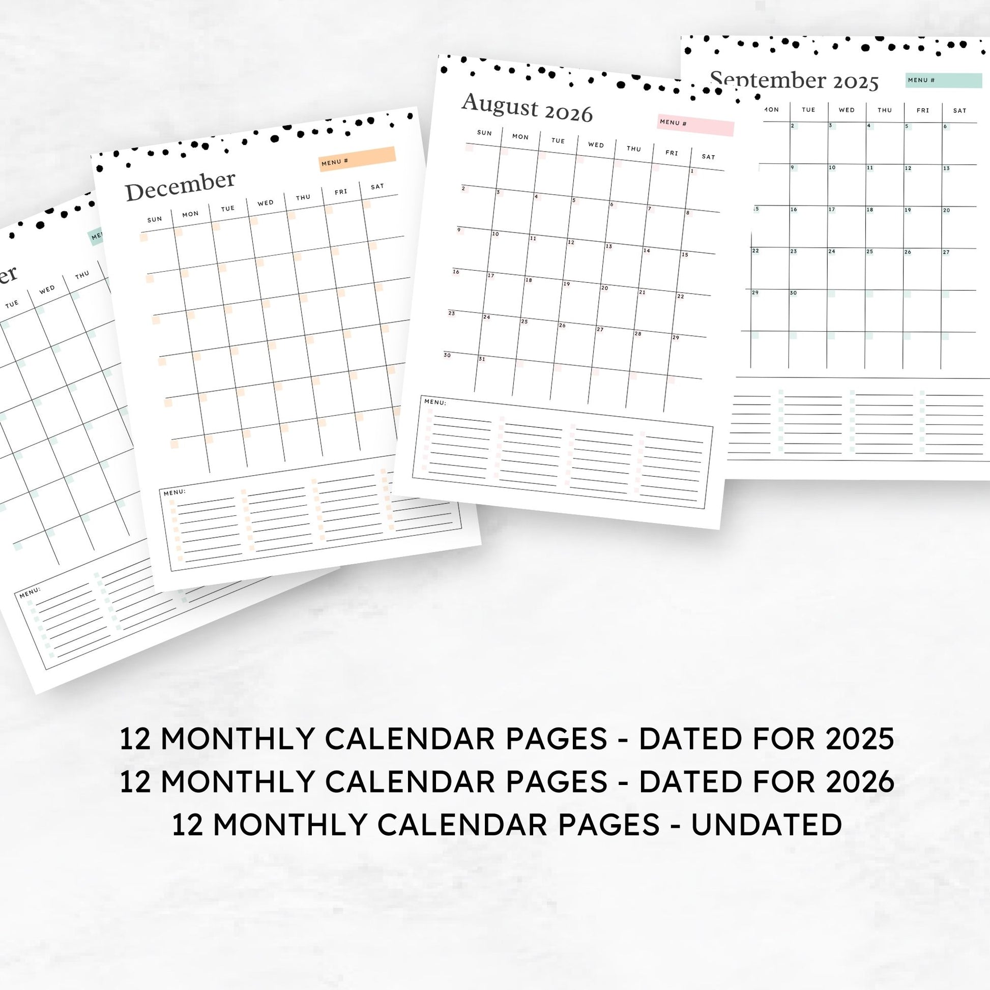 Mockup image featuring the simple meal systems meal planning binder printables laying on a kitchen counter beside a pencil. Text on image reads 12 each monthly calendar pages dated for 2025, 2026, and undated. 