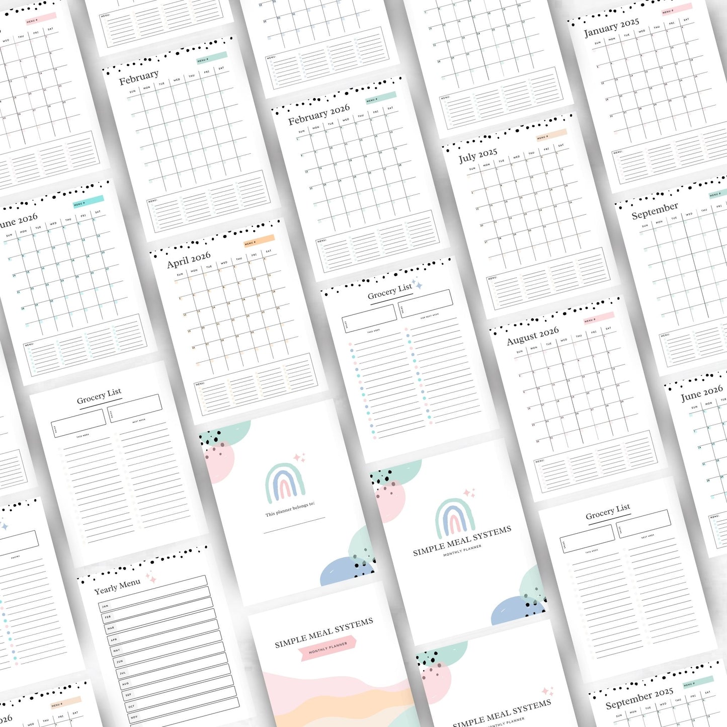Mockup image featuring the simple meal systems meal planning binder printables laying on a white background. No text on image. 