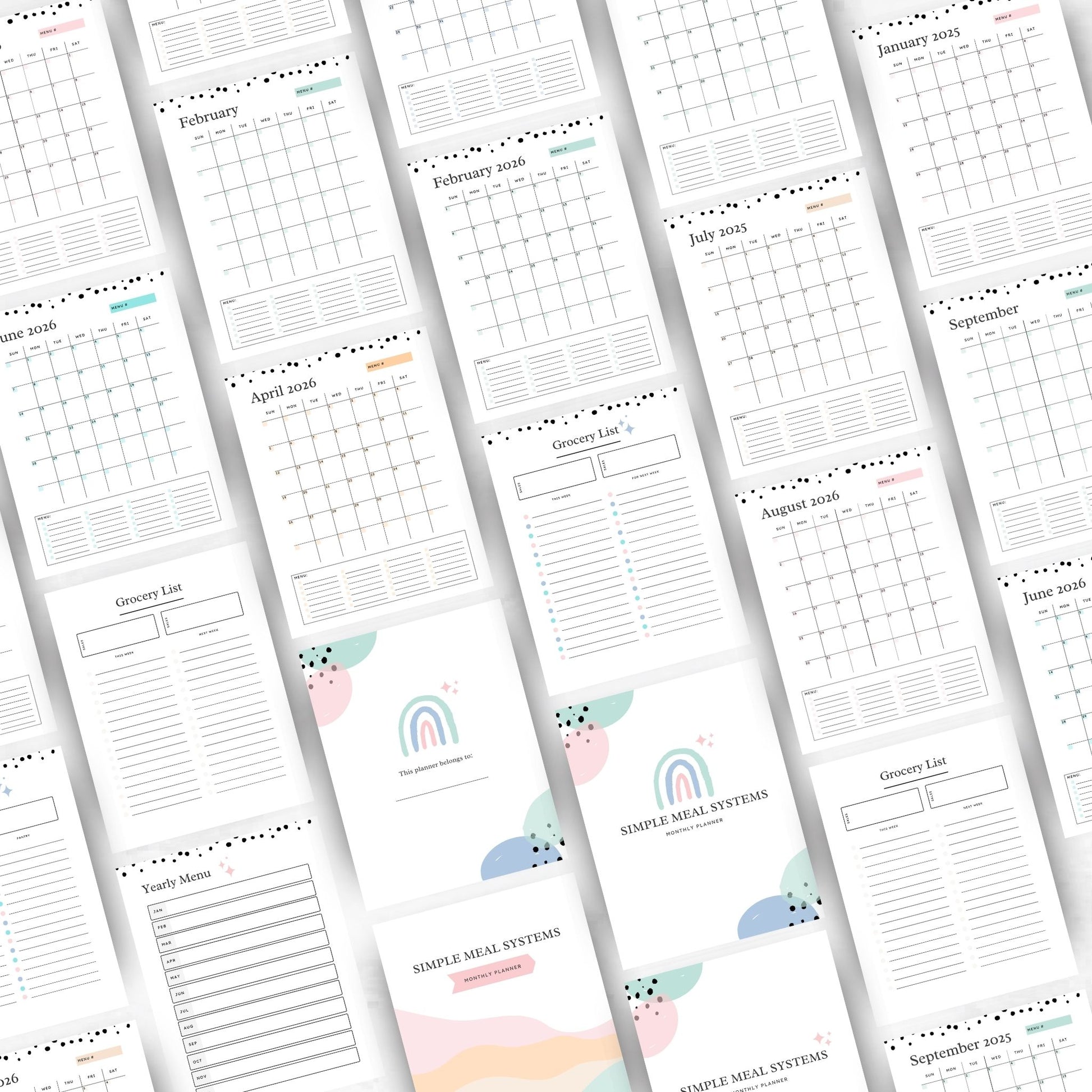 Mockup image featuring the simple meal systems meal planning binder printables laying on a white background. No text on image. 