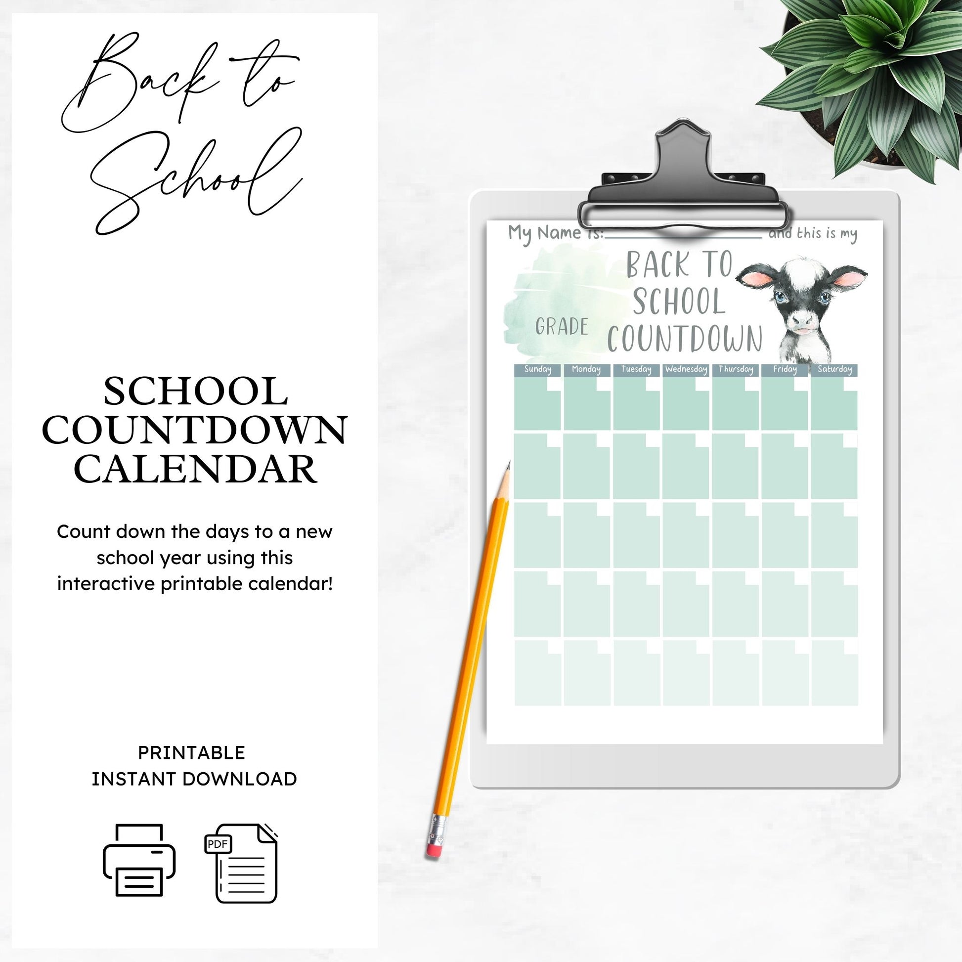 mockup image of a clipboard. On the clipboard is a mockup image of the back to school countdown calendar. Text on image states school countdown calendar ombre calf