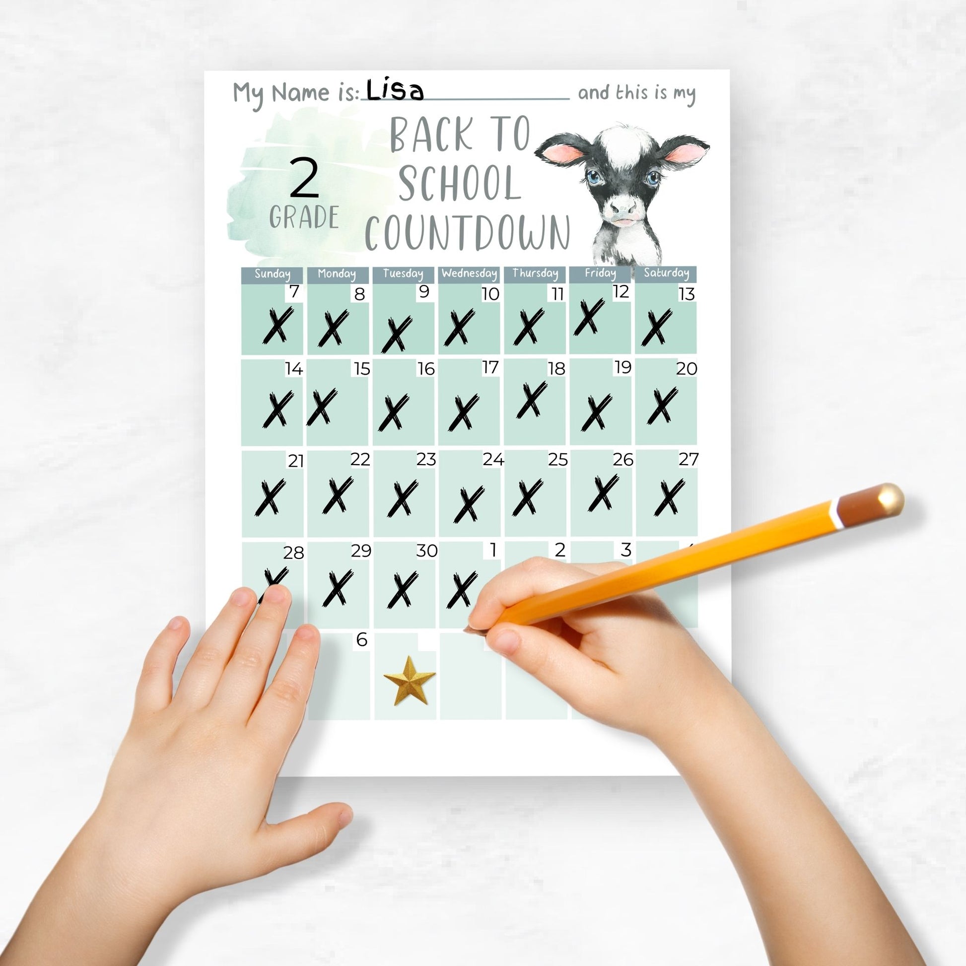 mockup image of a child's hands holding a pencil and filling in the school countdown calendar ombre calf with her information. Marking off the days with an X.