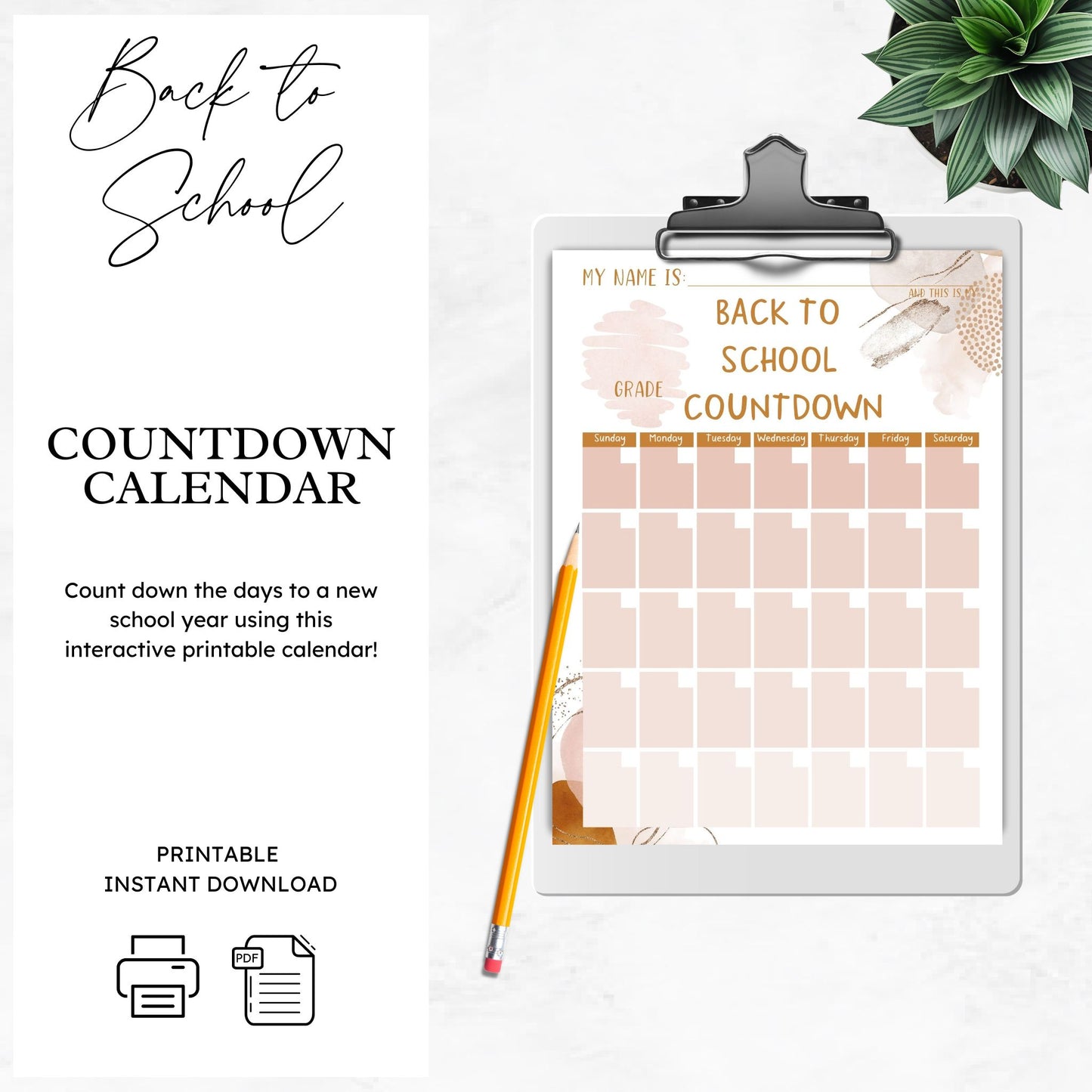 mockup image of a clipboard. On the clipboard is a mockup image of the back to school countdown calendar. Text on image states back to school countdown calendar