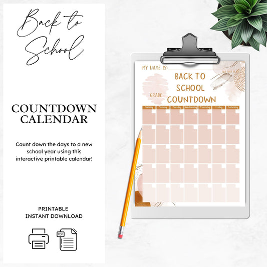 mockup image of a clipboard. On the clipboard is a mockup image of the back to school countdown calendar. Text on image states back to school countdown calendar