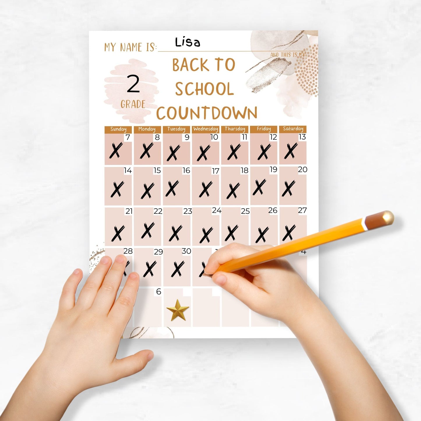 mockup image of a child's hands holding a pencil and filling in the back to school countdown calendar with her information. Marking off the days with an X.