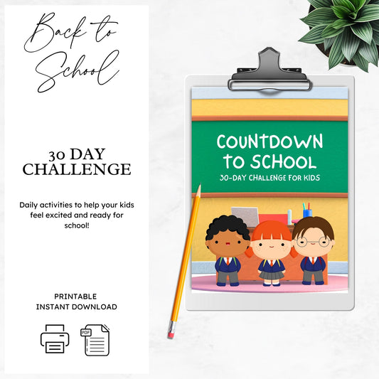 mockup image on table top with a clipboard, pencil and plant back to school activity book 30 day challenge
