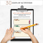 mockup image of the back to school activity book 30 day challenge printable on a clipboard with a child's hands holding a pencil over the papers. Text states 30 days of activities