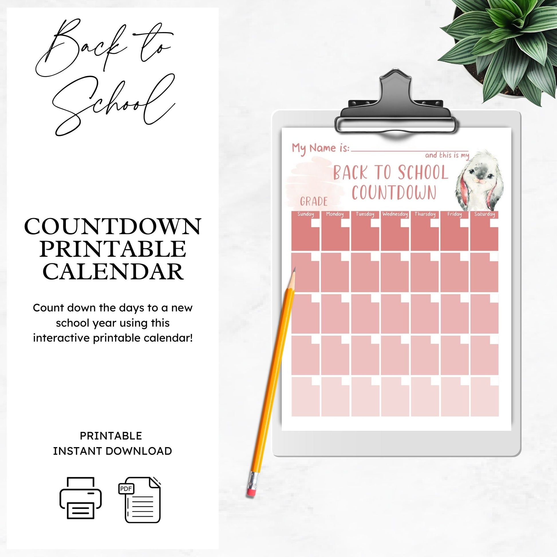 mockup image of countdown printable calendar for back to school in a pink ombre calendar grid with a watercolour bunny image. on a clipboard on a table. Plant in background. Text on image reads school countdown calendar