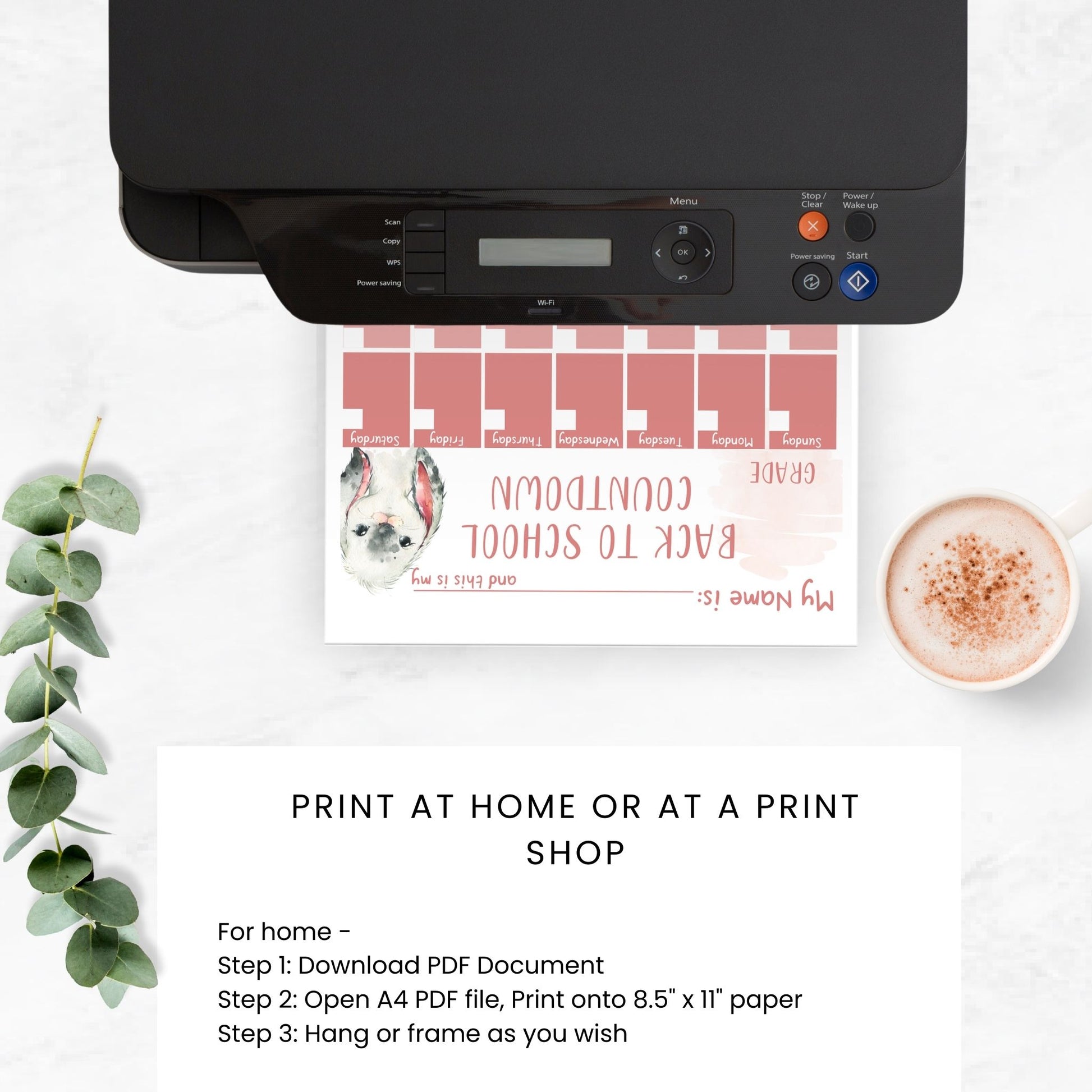 printer on a desk printing a copy of the pink ombre calendar grid with watercolour bunny image countdown printable calendar for back to school. Text on image reads print at home or at a print shop