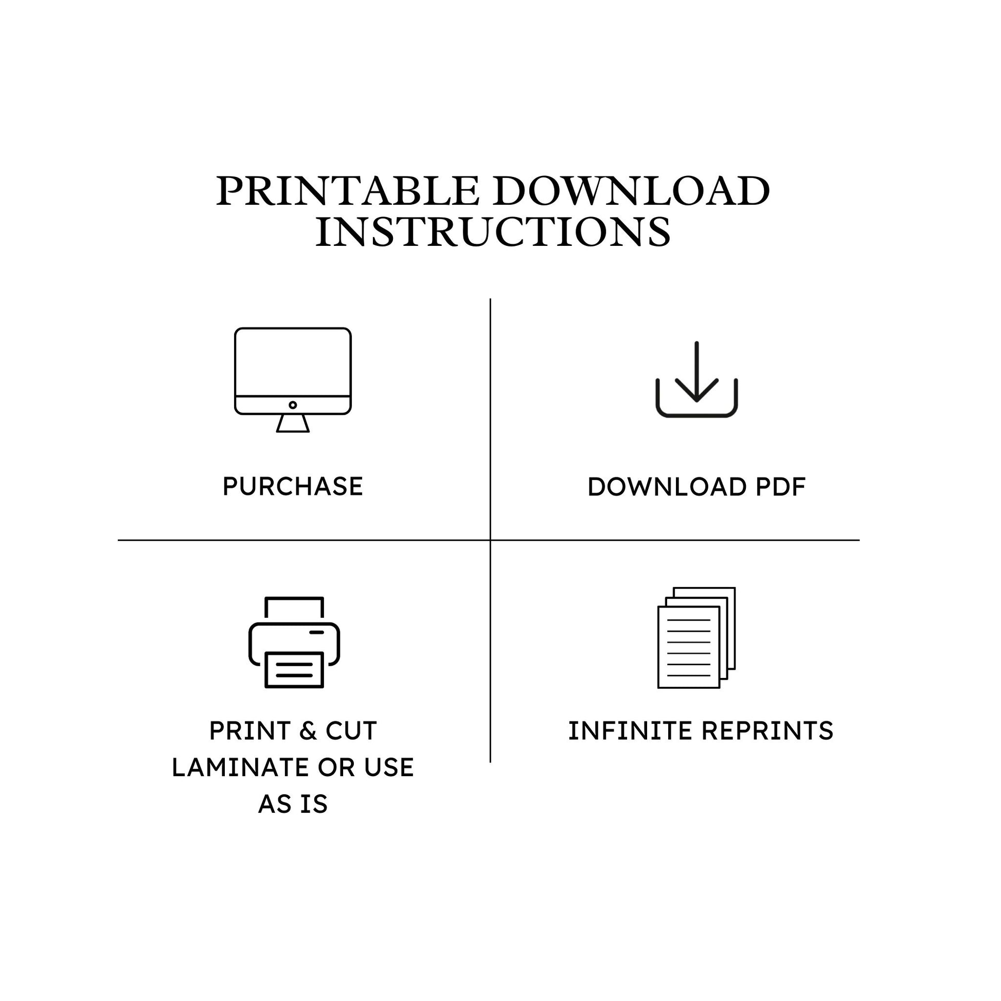 printable product download instructions stating purchase, download, print & cut, laminate or use as is, infinite reprints