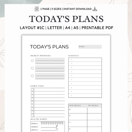 Today's Plans Layout #1C - Printable Daily Planner PDF