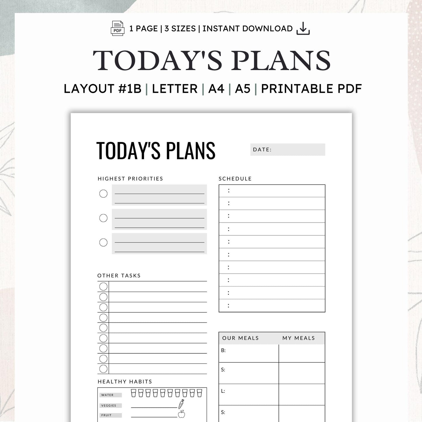Today's Plans Layout #1B - Printable Daily Planner PDF