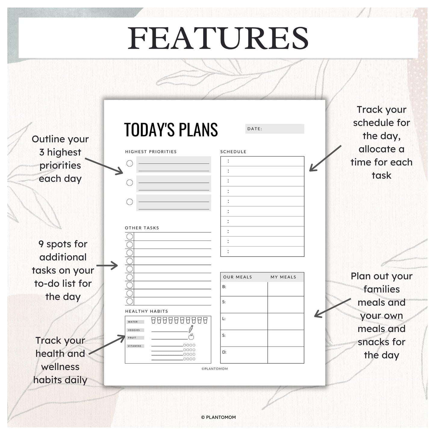 Today's Plans Layout #1B - Printable Daily Planner PDF