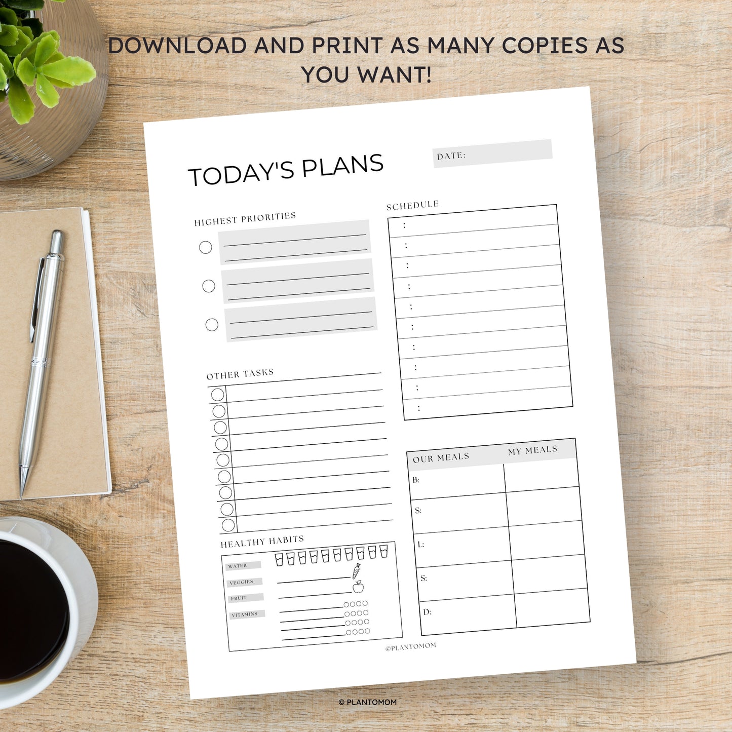 Today's Plans Layout #1C - Printable Daily Planner PDF