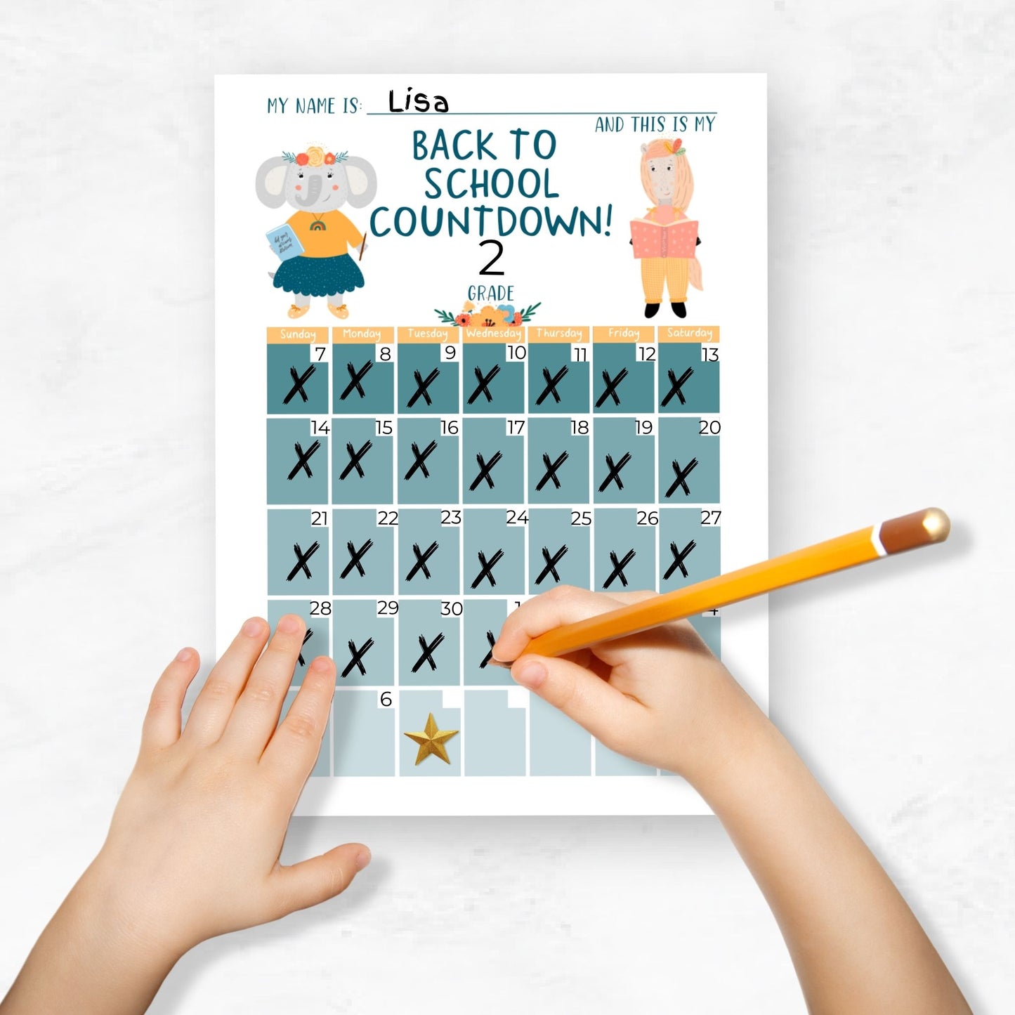 mockup image of a childs hands holding a pencil. Child is filling in a back to school calendar countdown 