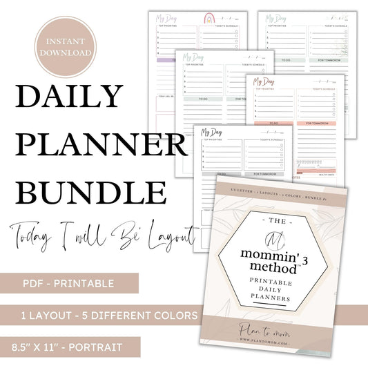 Printable Daily Planner Bundle of 5 - US LETTER COLOR - 'Today I will be Focus' Layout