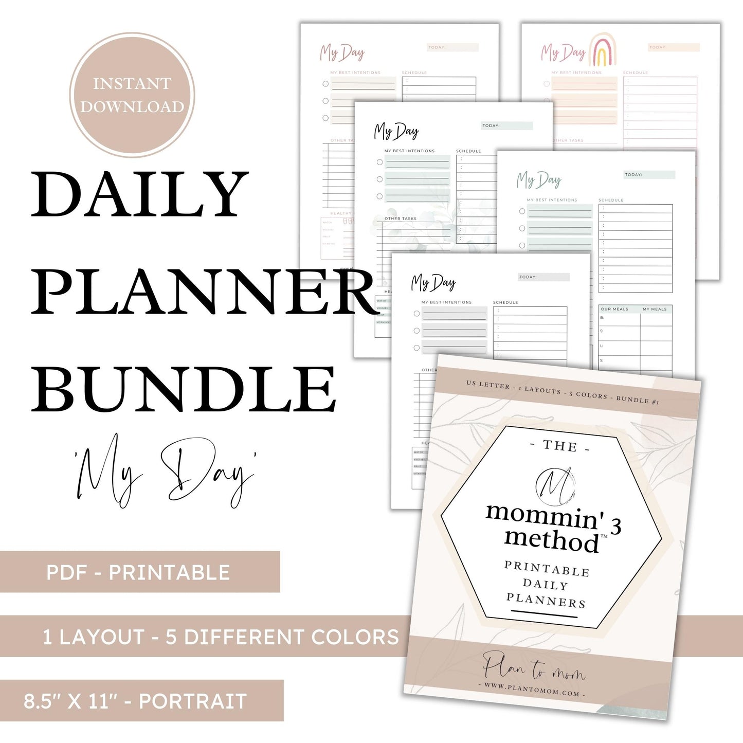 PRINTABLE DAILY PLANNER BUNDLE OF 5 - US LETTER COLOR 'MY DAY' LAYOUT