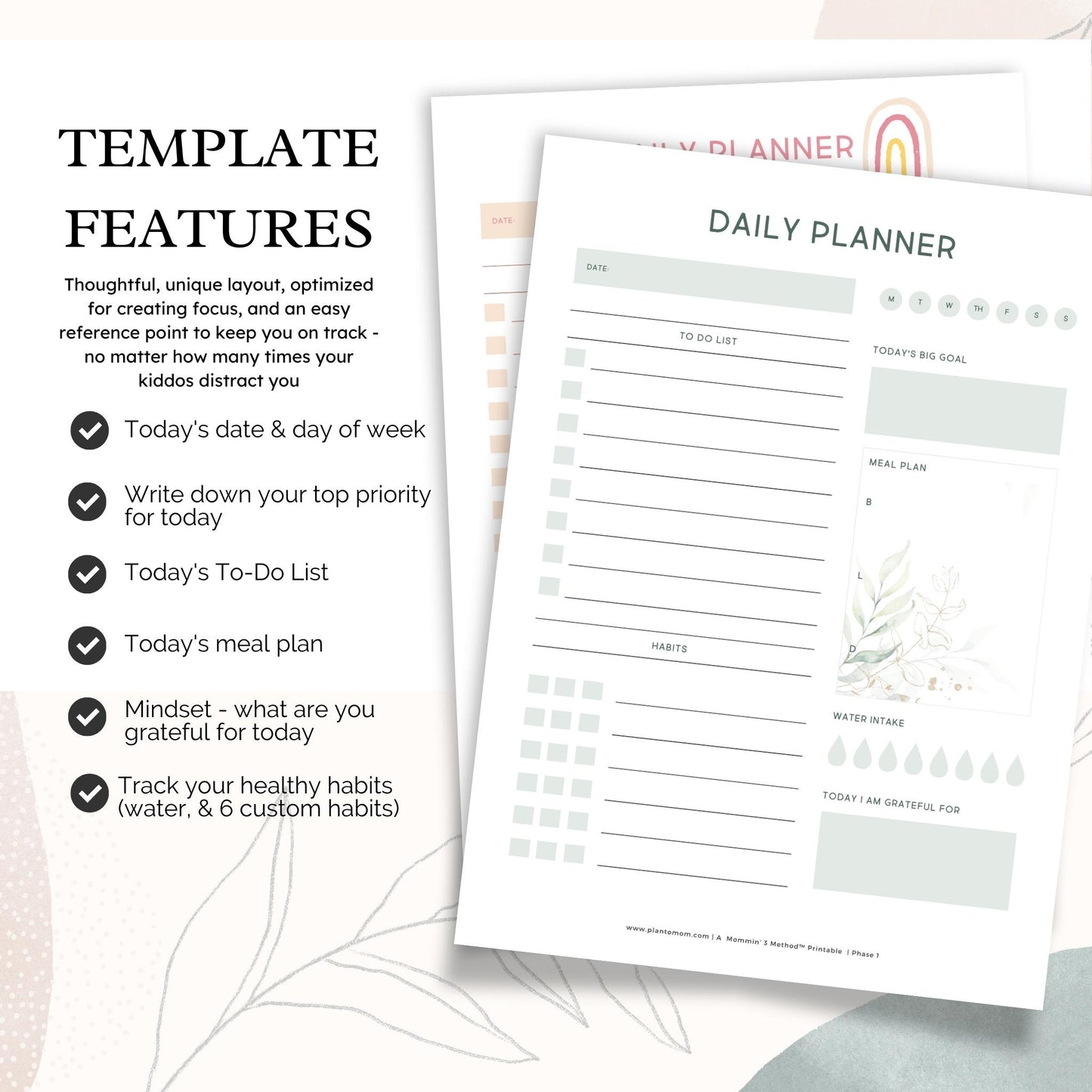 Printable Daily Planner Bundle of 5 - US LETTER COLOR - 'Daily Planner with meal planner + habits' Layout